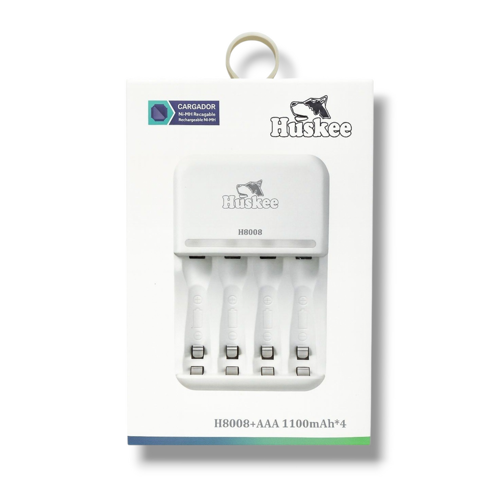 CARGADOR DE BATERIAS AAA Y AA CON 4 BATERIAS AAA 1100mAh - HUSKEE H8008