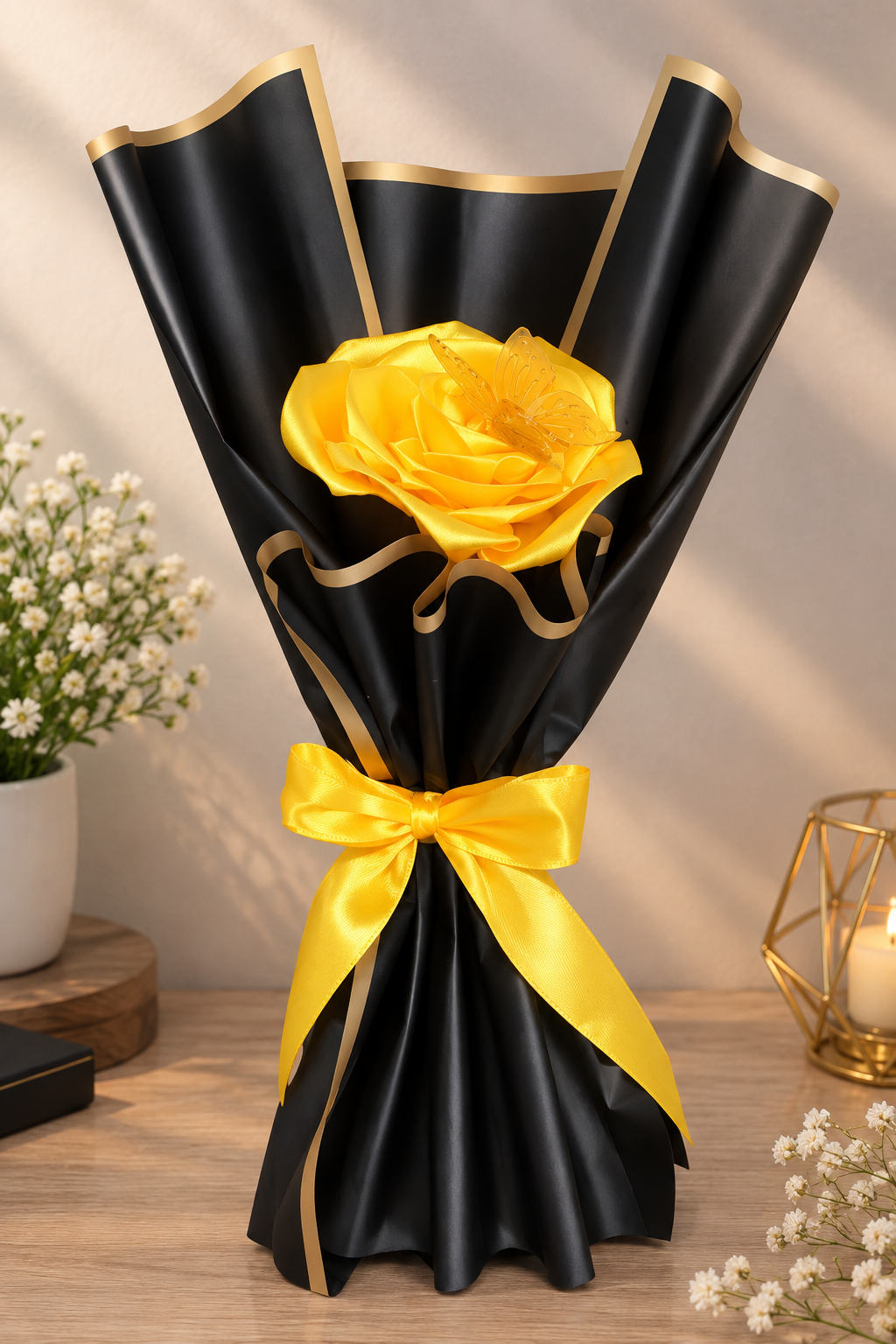 FLORES TENDENCIA RAMO DE UNA FLOR PAPEL NEGRO CON DORADO