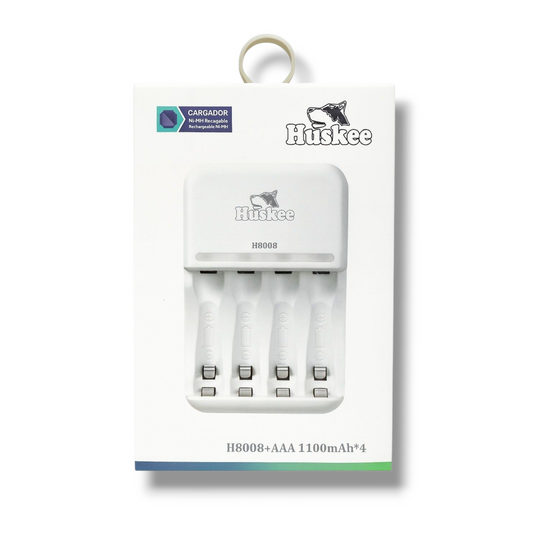 CARGADOR DE BATERIAS AAA Y AA CON 4 BATERIAS AAA 1100mAh - HUSKEE H8008